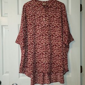 NATURAL LIFE Button Up High Low Tunic Top OSFA ‎ Women's Red Floral